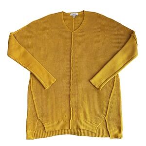 Cherfly Womens Mustard Yellow Knit‎ Sweater Tunic Dress V Neck Medium M Pullover